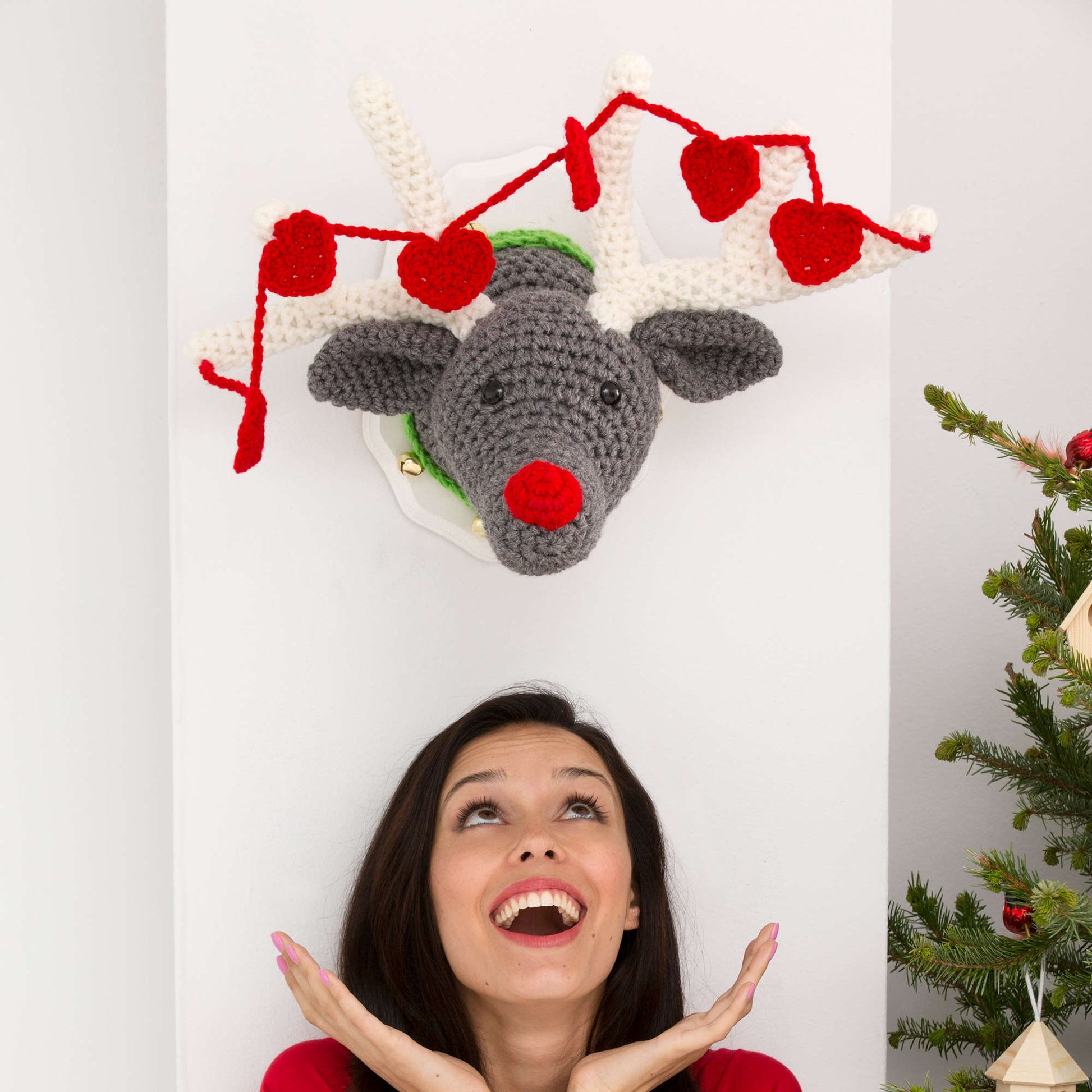 Free Red Heart Crochet Reindeer Wall Plaque Pattern