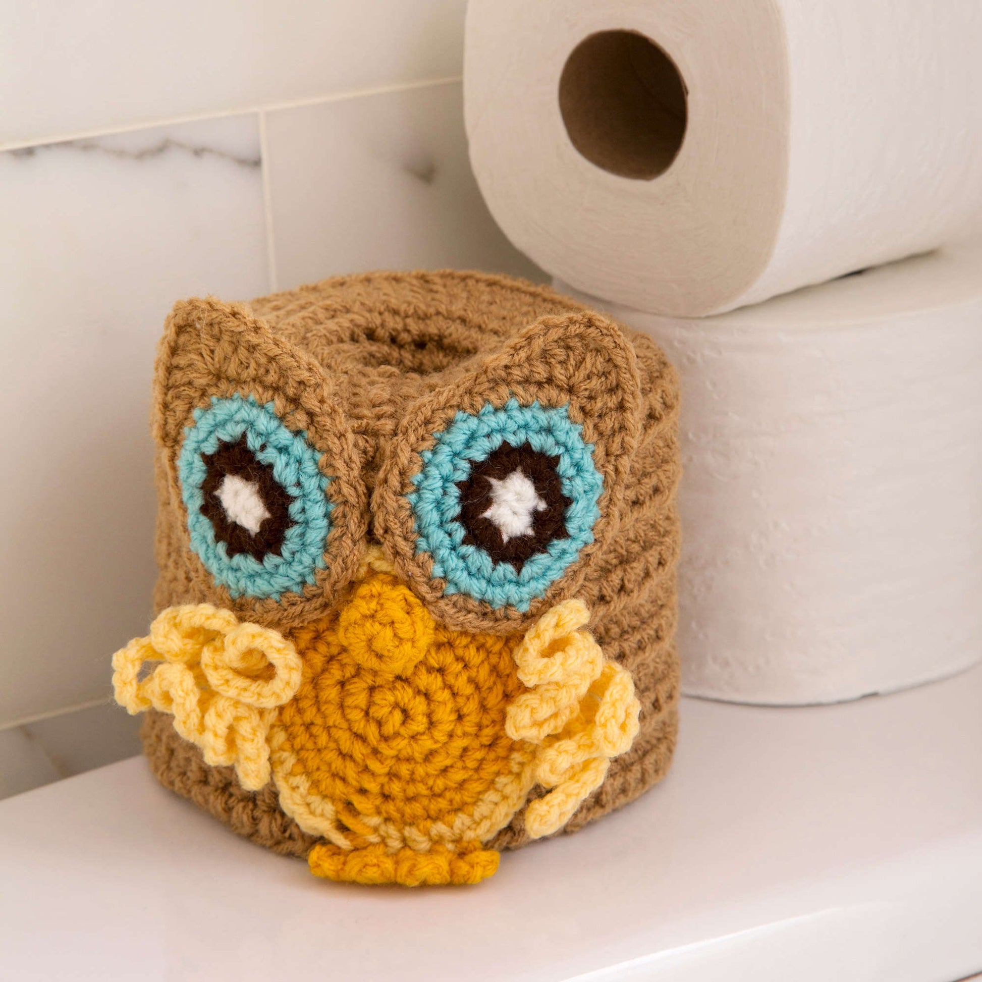 Free Red Heart Retro Owl Toilet Roll Cover Crochet Pattern