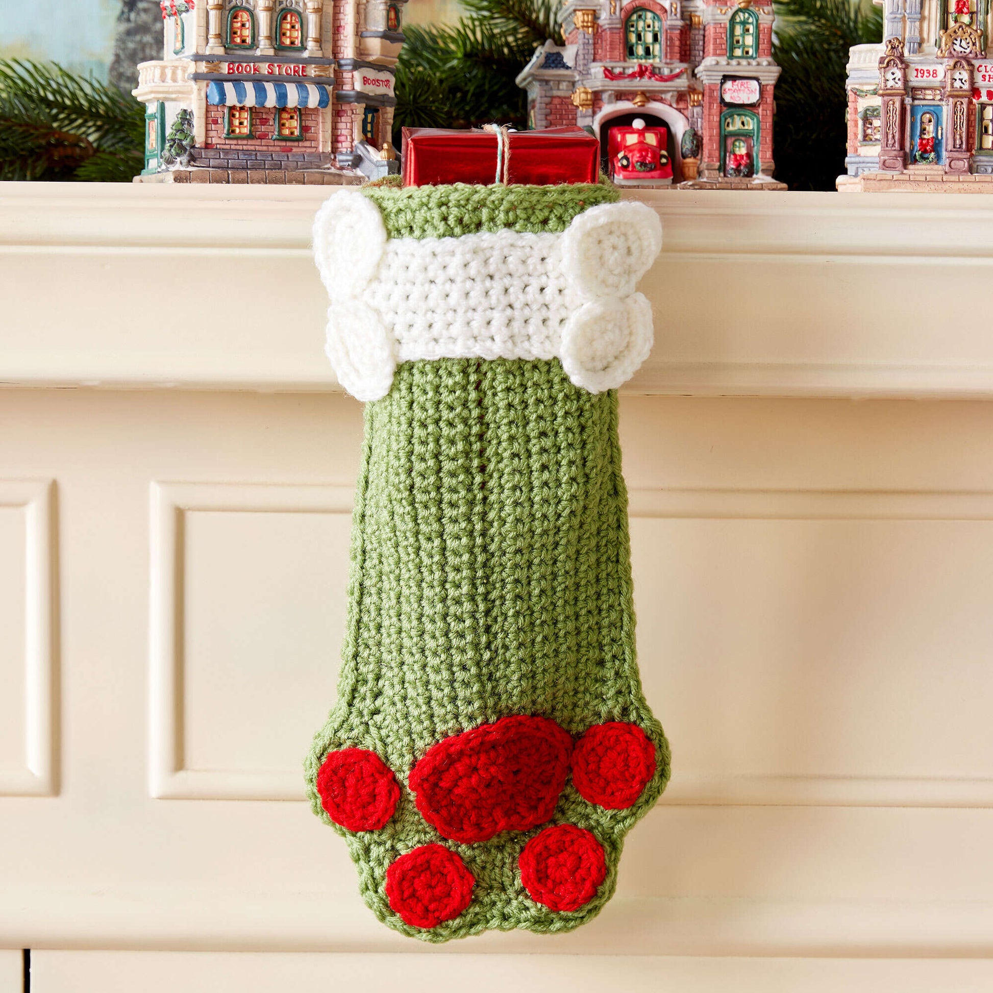 Free Red Heart Dog Paws Christmas Stocking Crochet Pattern