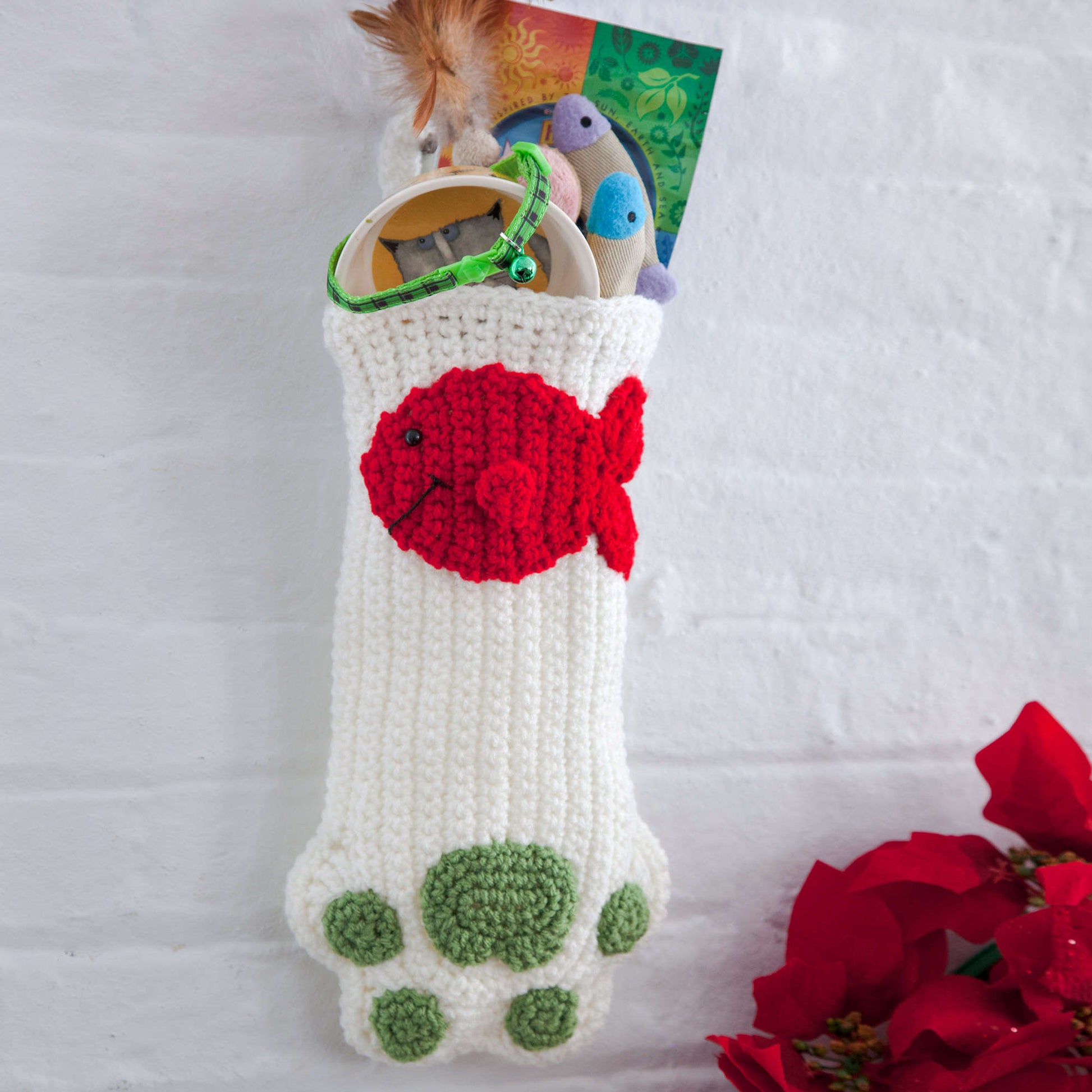 Free Red Heart Cat Paws Christmas Stocking Crochet Pattern