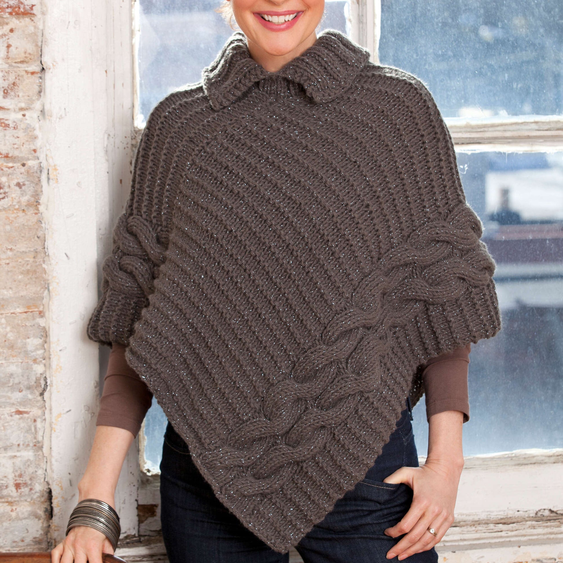 Free Red Heart Cabled & Collared Poncho Knit Pattern