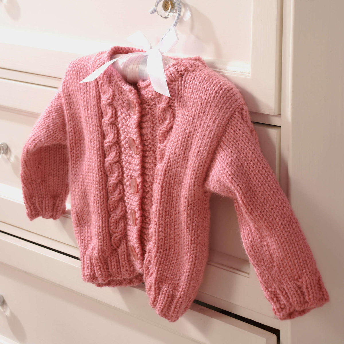 Knit Cardigan made in Red Heart Soft Baby Steps Yarn