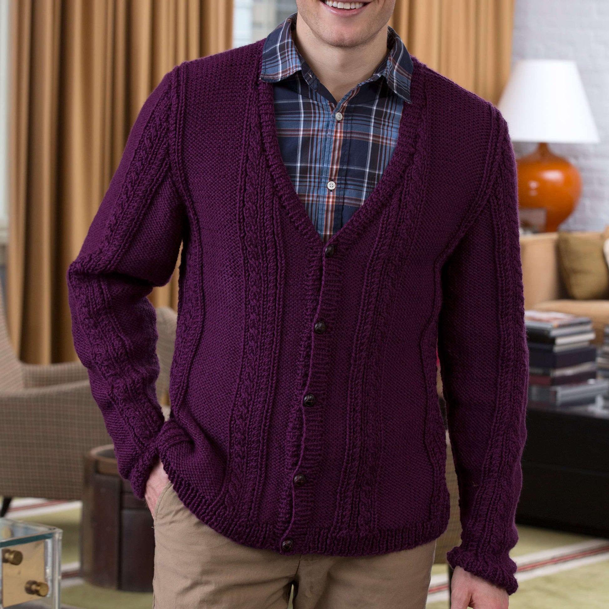 Free Red Heart Men's V-Neck Cable Knit Cardigan Pattern