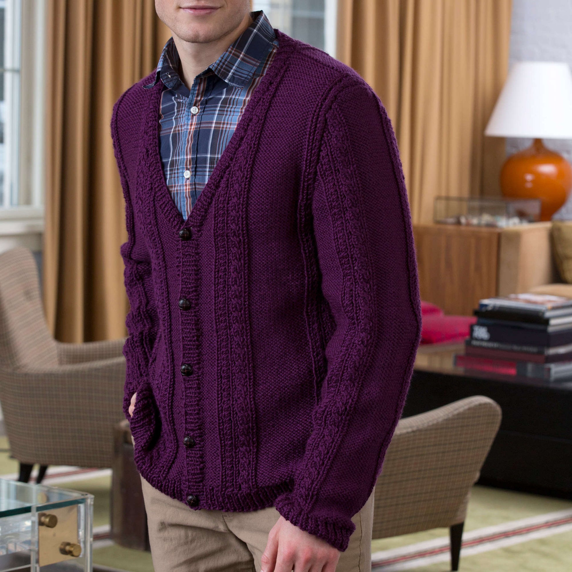Free Red Heart Men's V-Neck Cable Knit Cardigan Pattern