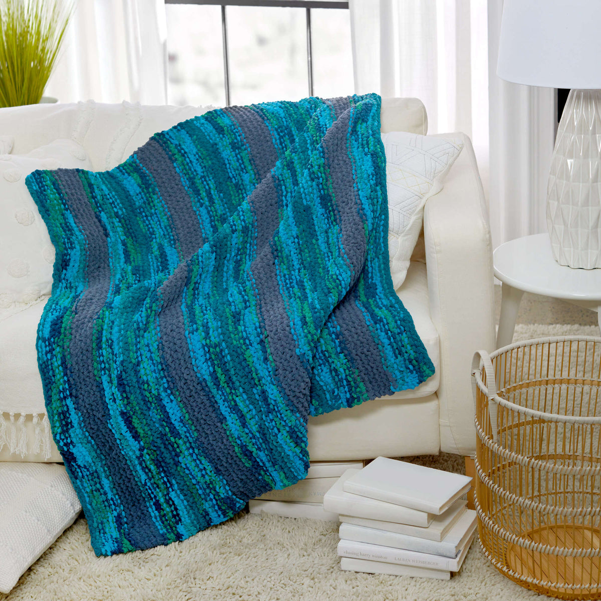 Knit throw made in Red Heart Sweet Home Yarn