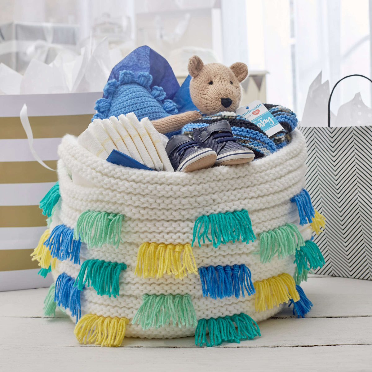 Knit Basket made in Red Heart Bunches of Hugs Yarn