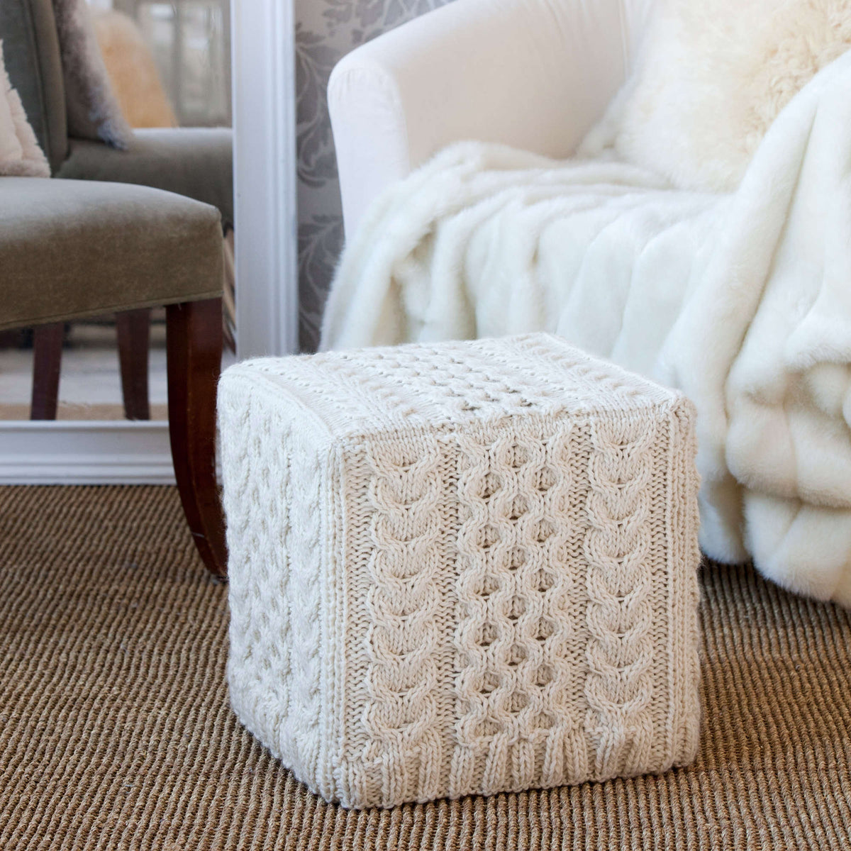Knit Ottoman Cover made in Red Heart Full O' Sheep Yarn