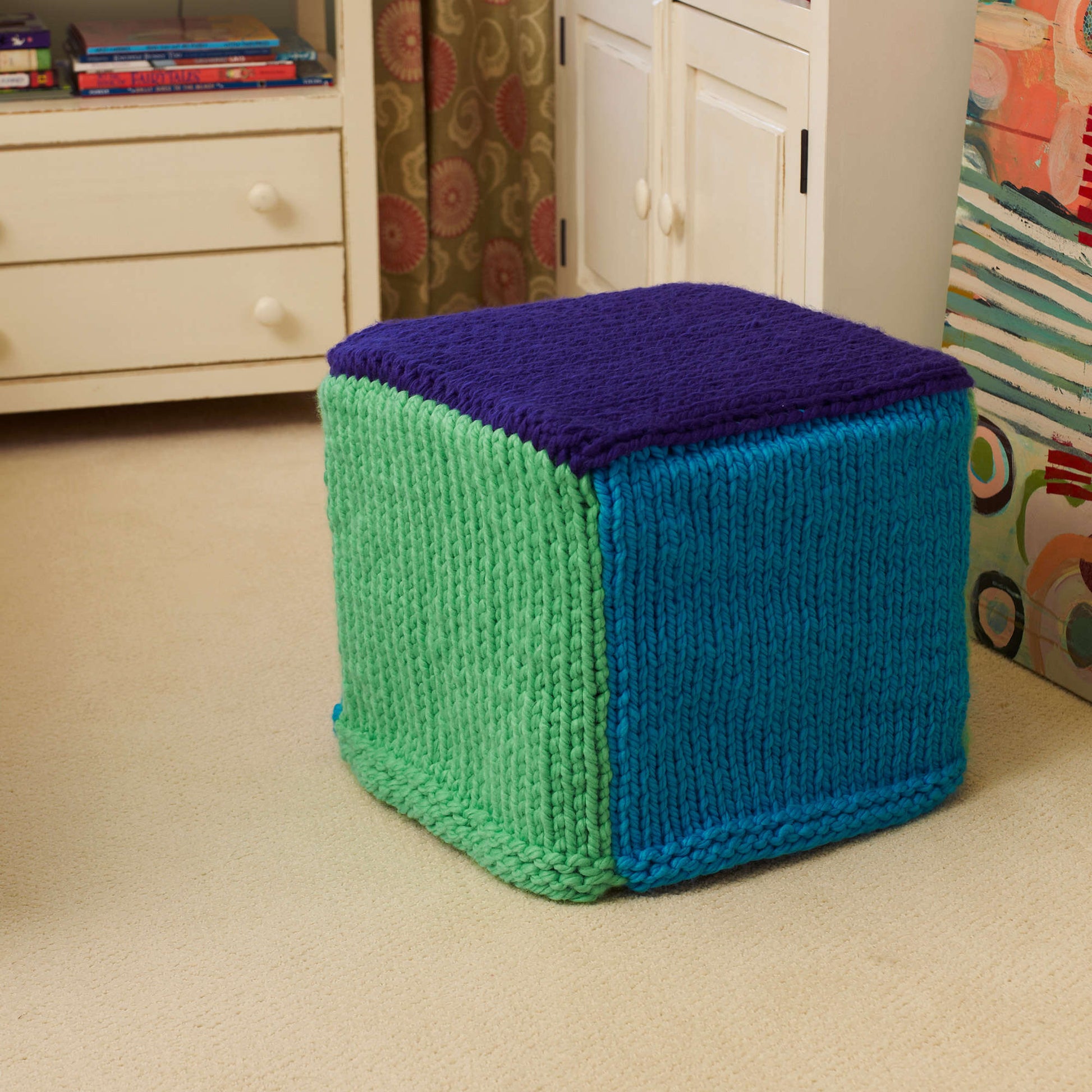 Free Red Heart Colorful Ottoman Cover Knit Pattern