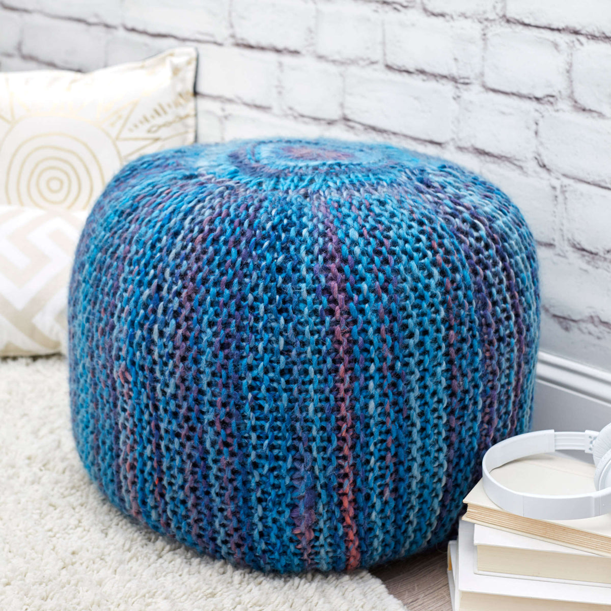 Knit Pouf made in Red Heart Evermore Yarn