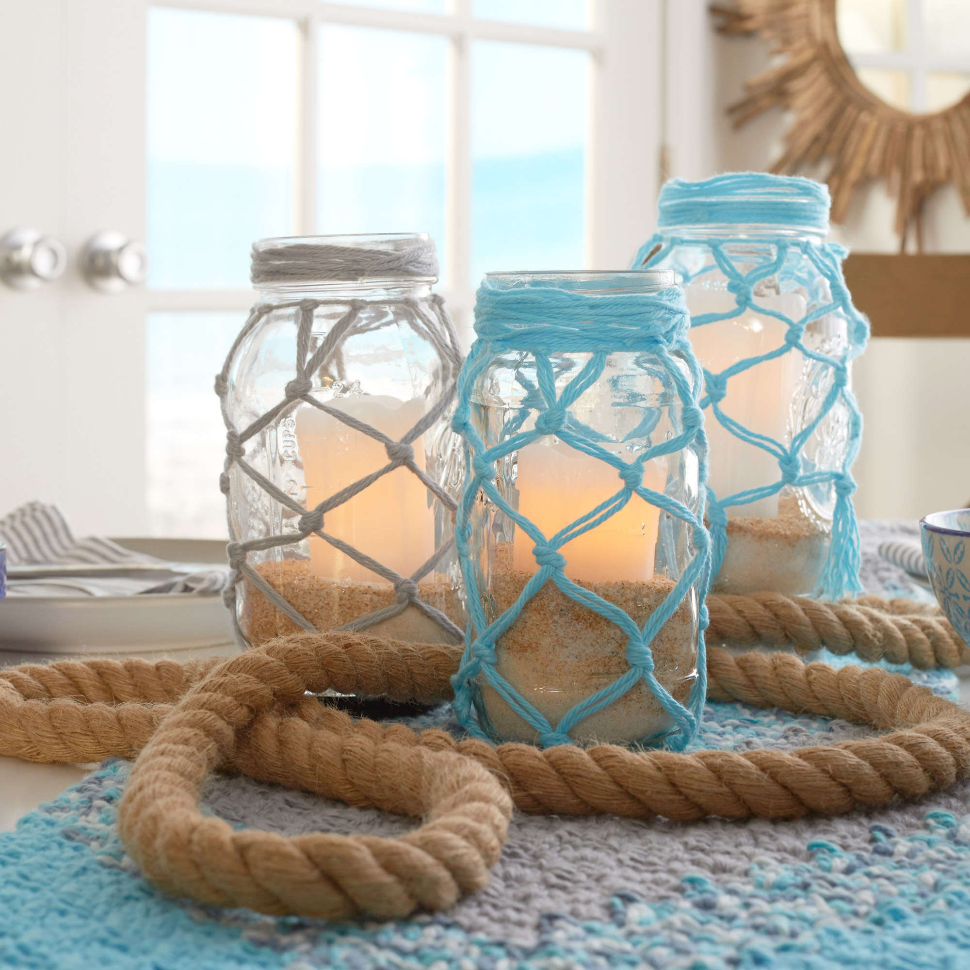 decorative jar with fish net Free Beginner Red Heart Fishnet Jars Craft Pattern