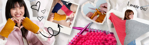 scrapbook of knit wrist warmers, knitting, and knit shawl