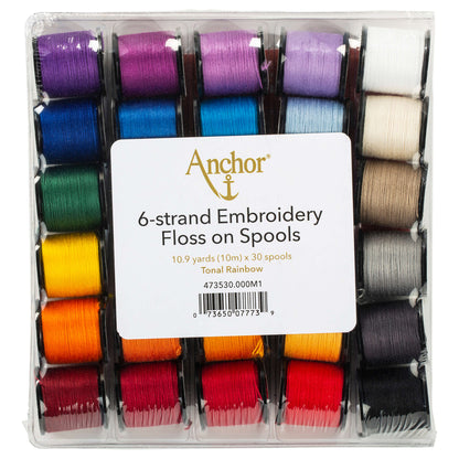 Anchor Embroidery Floss on Spools, 30 Pack Tonal Rainbow