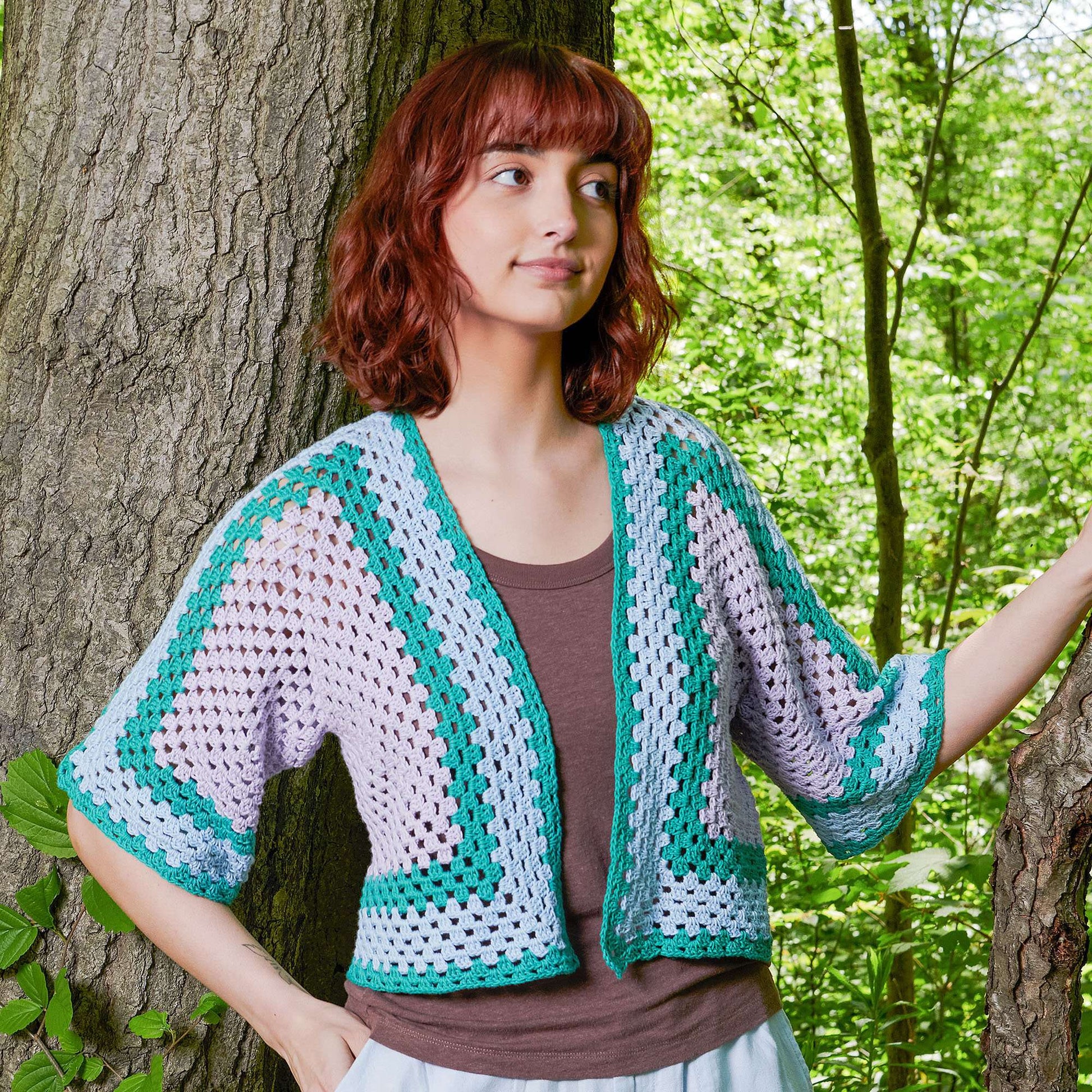 Free Aunt Lydia Crochet Cropped Granny Square Cardigan Pattern