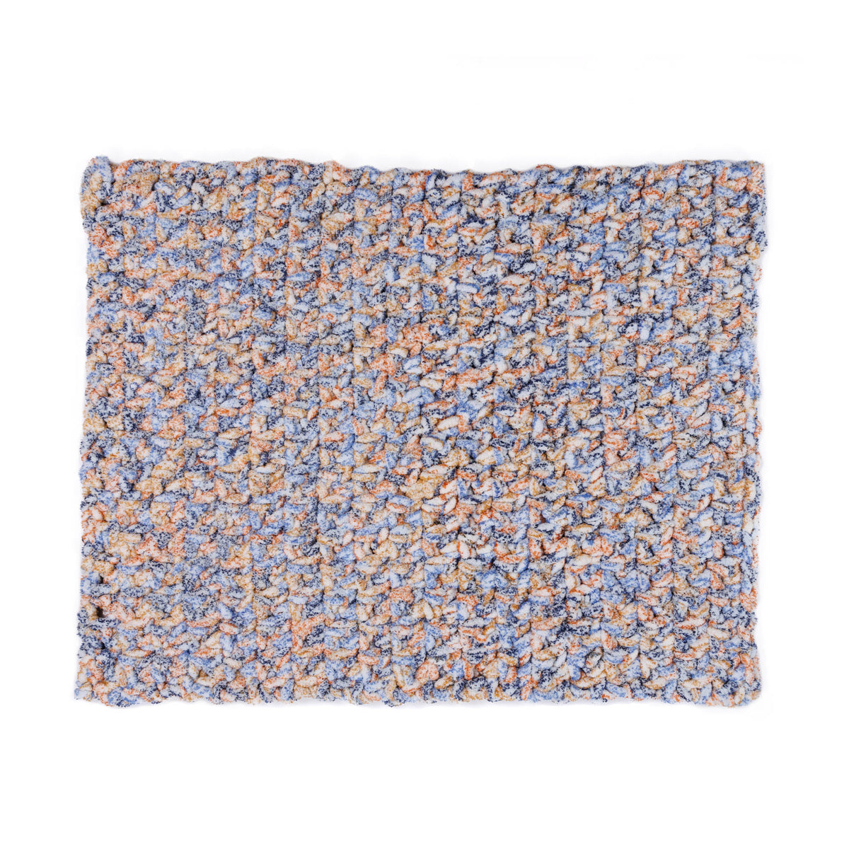 Big textured crochet blanket made using Bernat yarn.