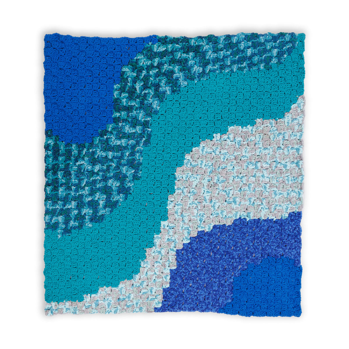 Ocean corner to corner crochet blanket made using Bernat yarn.
