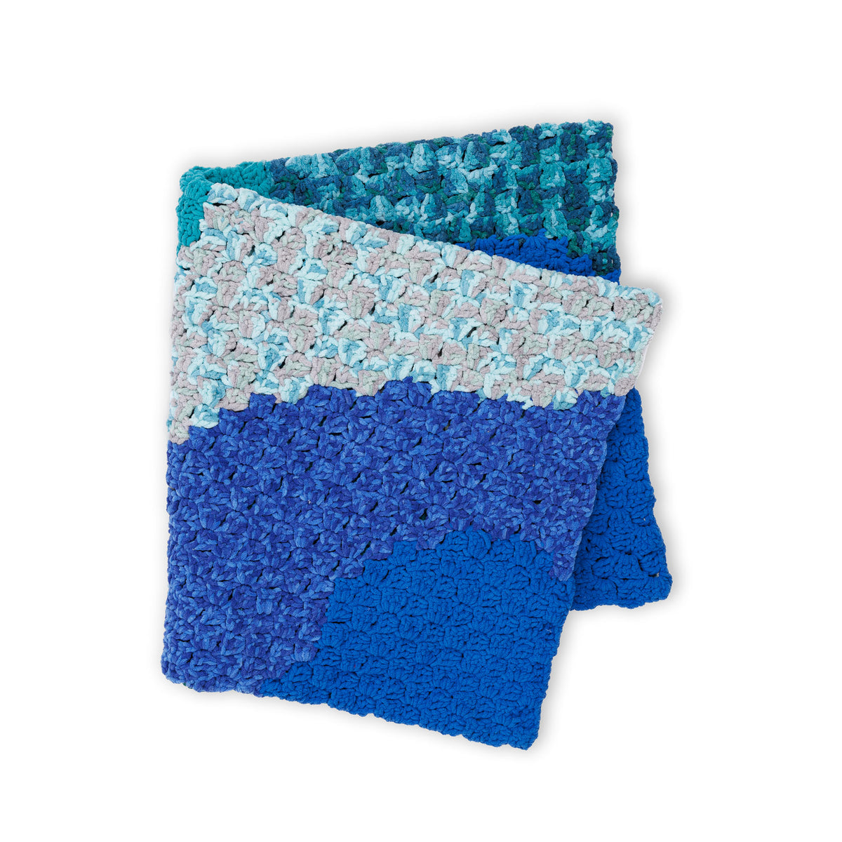 Ocean corner to corner crochet blanket made using Bernat yarn.