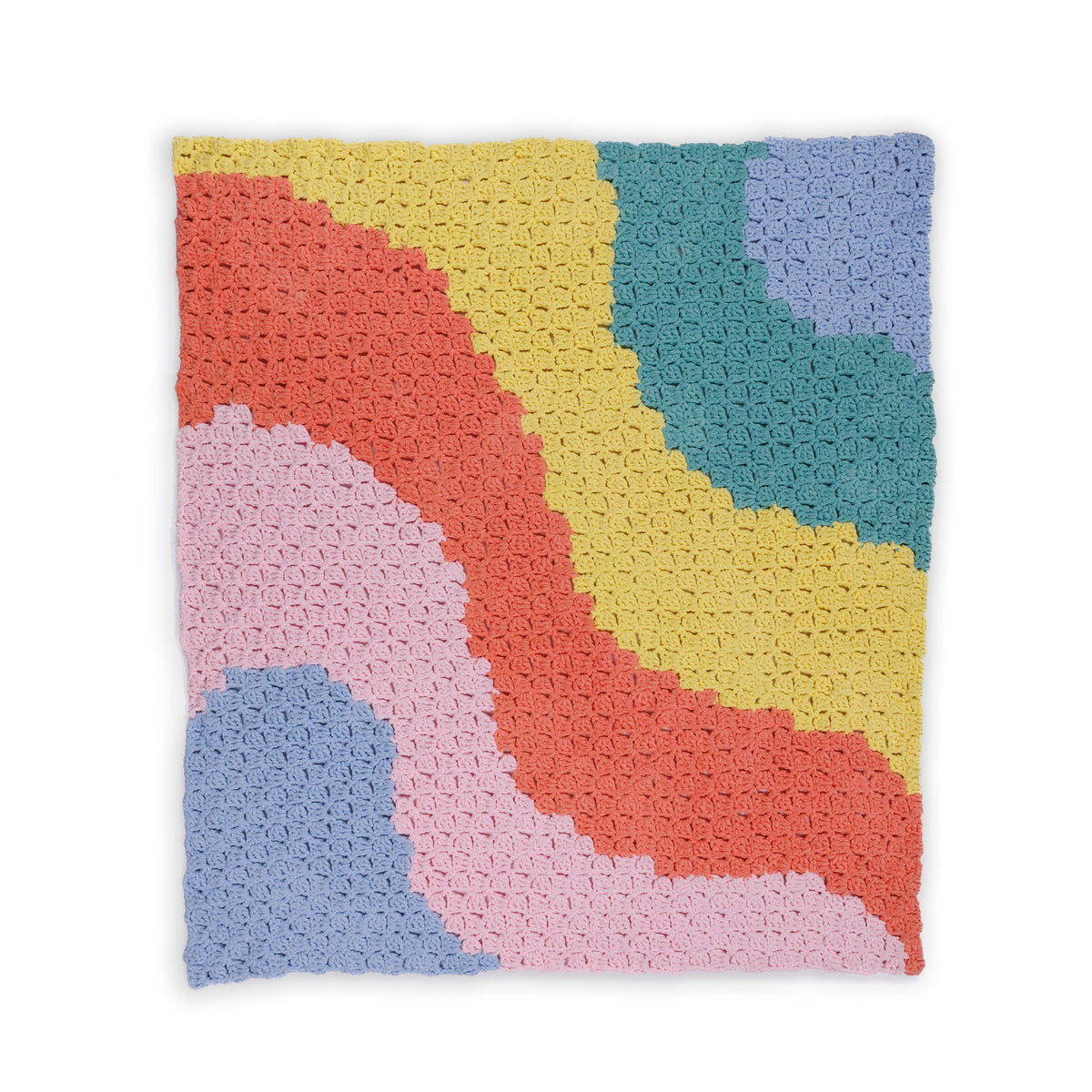 Rainbow corner to corner crochet blanket made using Bernat yarn.