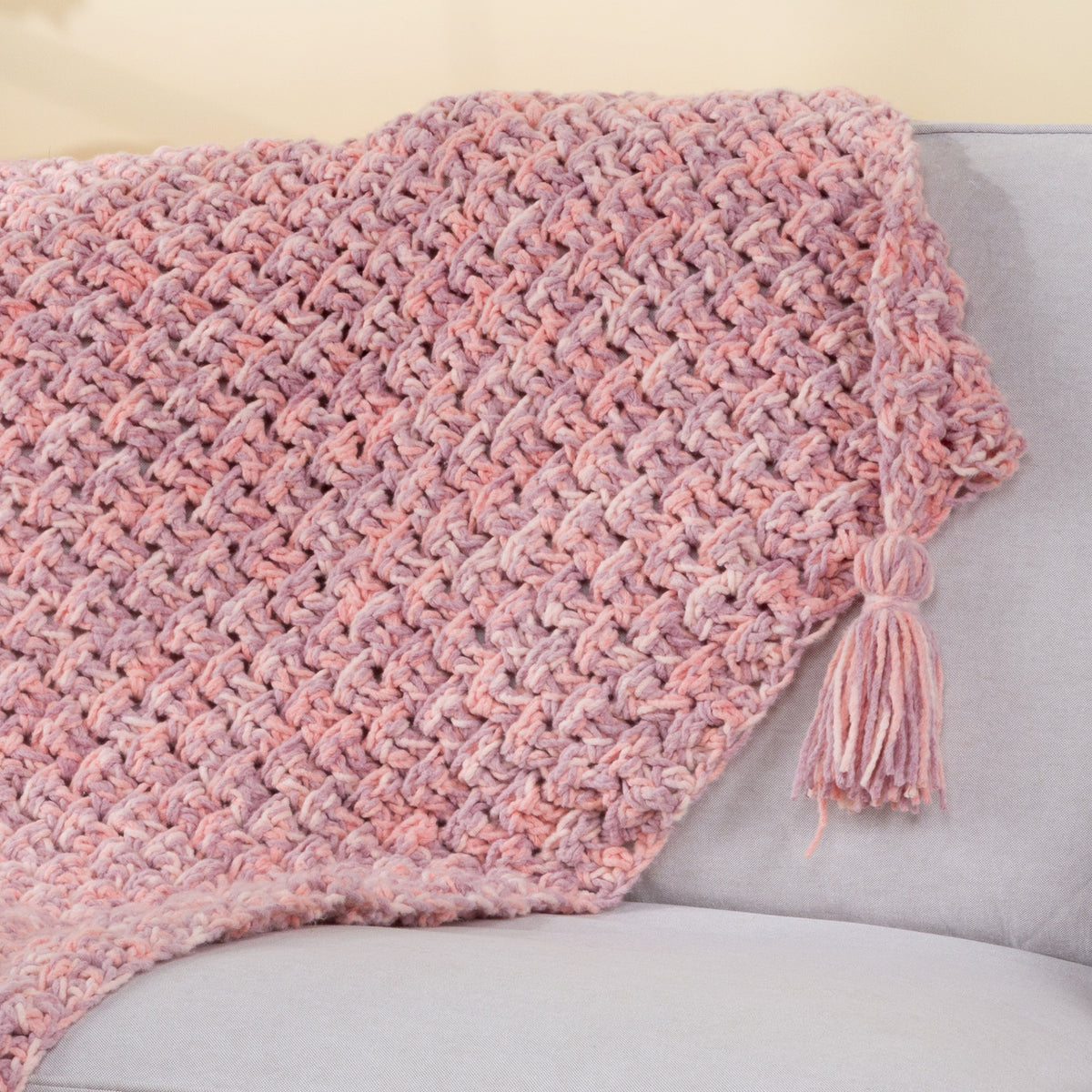 Fleece Of The Fae Crochet Basketweave Blanket made using Bernat yarn
