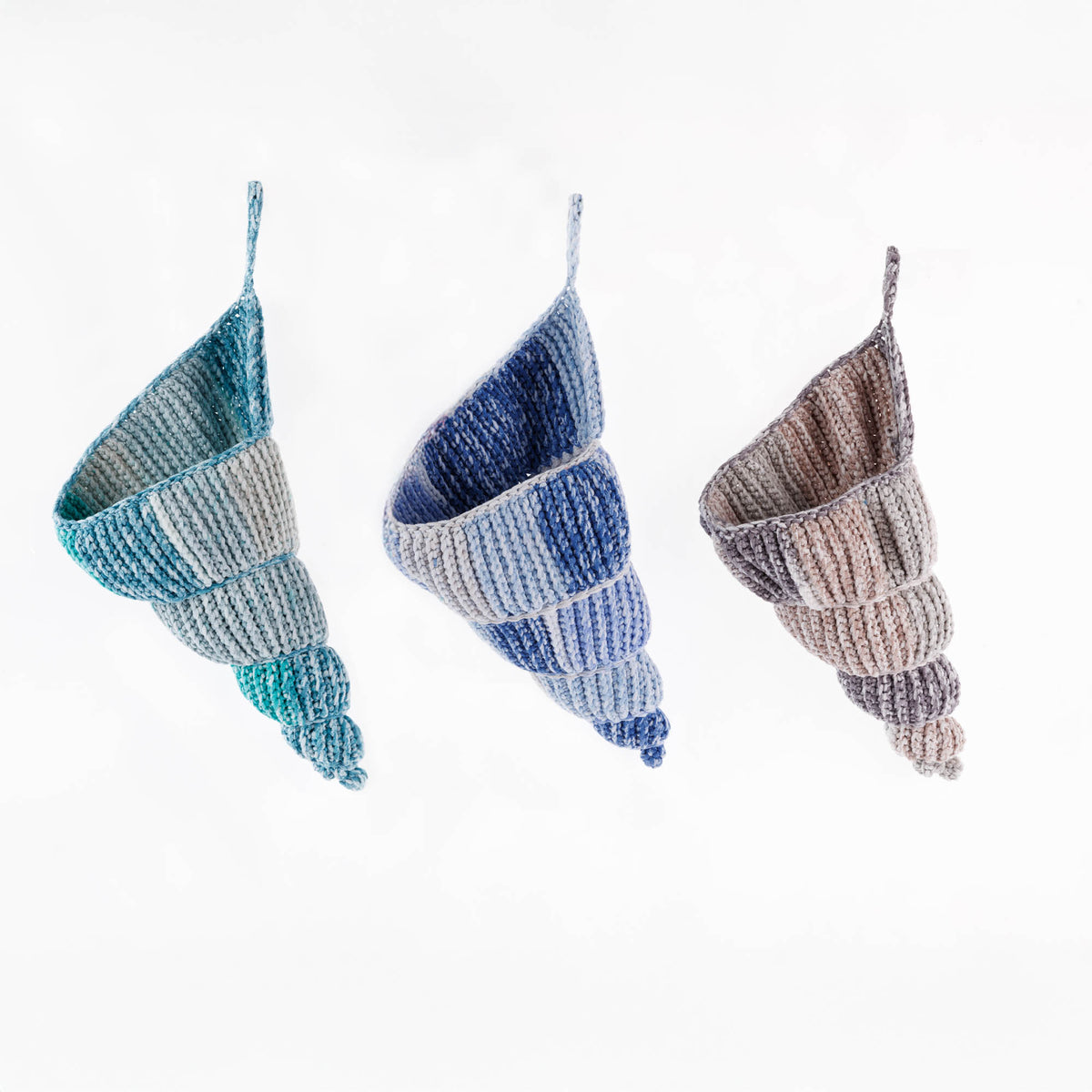 Crochet Conch Shell Hanging Basket made from Bernat Maker Splash yarn.