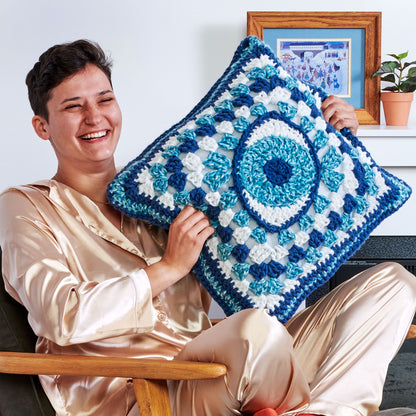 Bernat Crochet Granny's Eye On You Pillow Crochet Pillow made in Bernat Forever Fleece Yarn