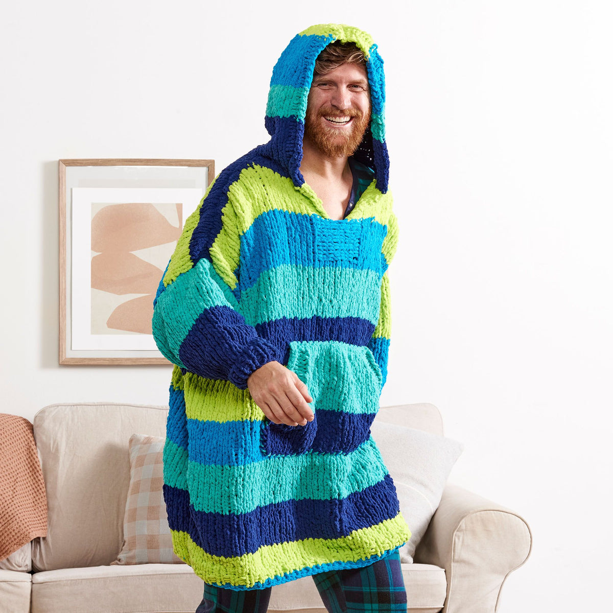 Knit Blanket Hoodie made in Bernat Blanket Stripes Yarn