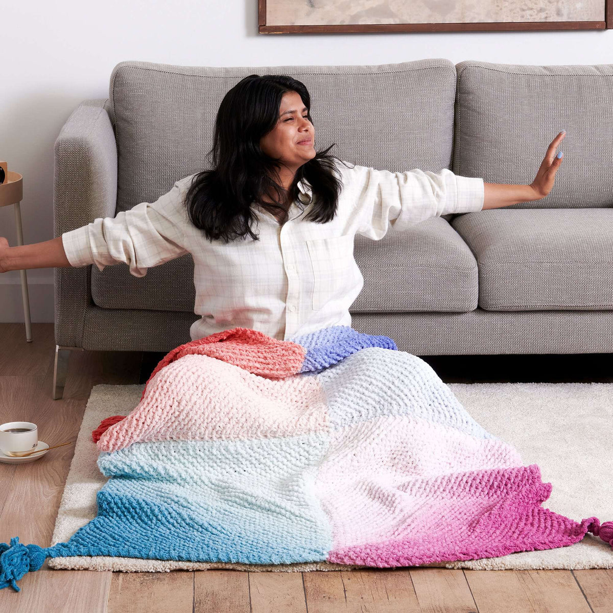 Knit Blanket made in Bernat Blanket Perfect Phasing Yarn