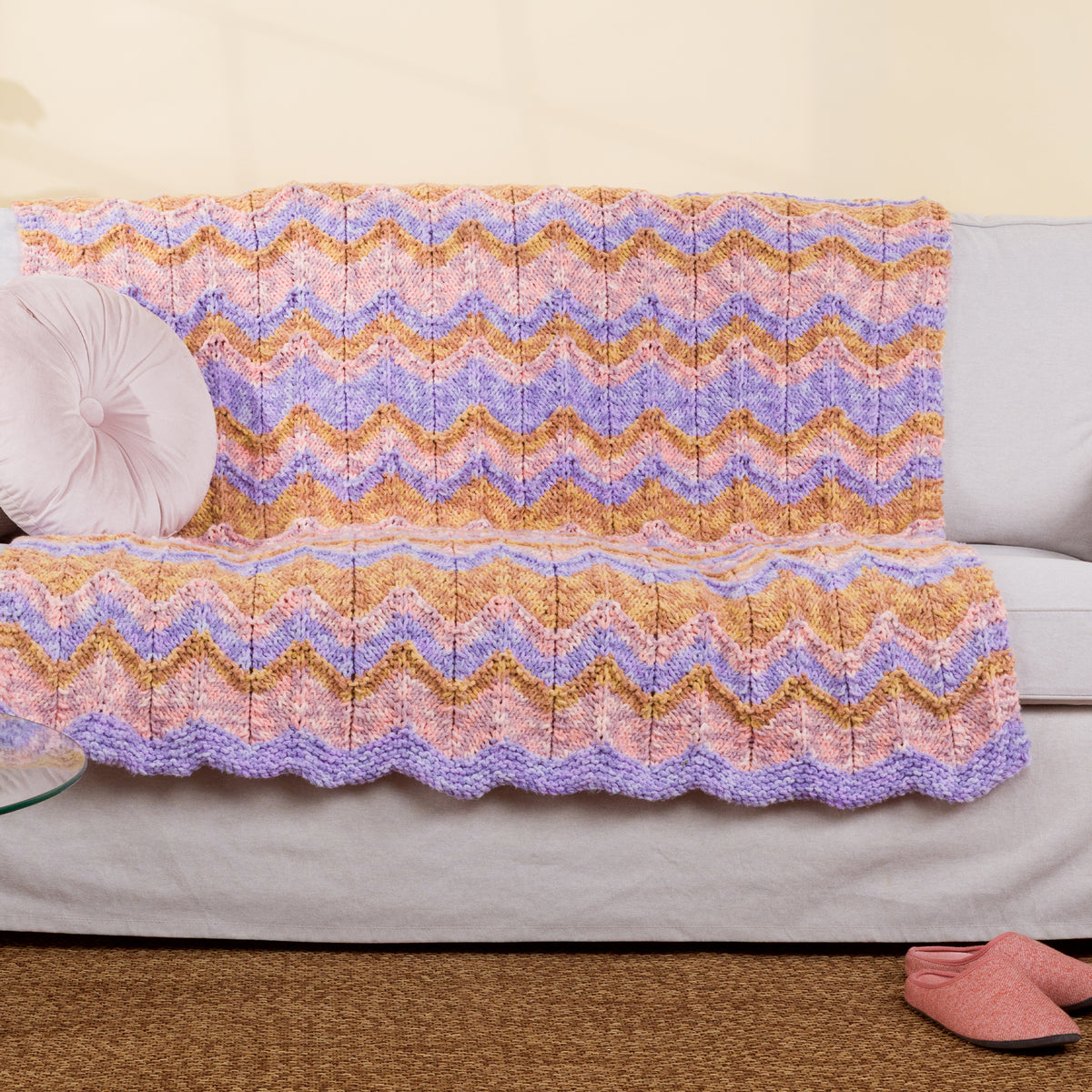 Enchanted Drift Knit Chevron Blanket made using Bernat yarn