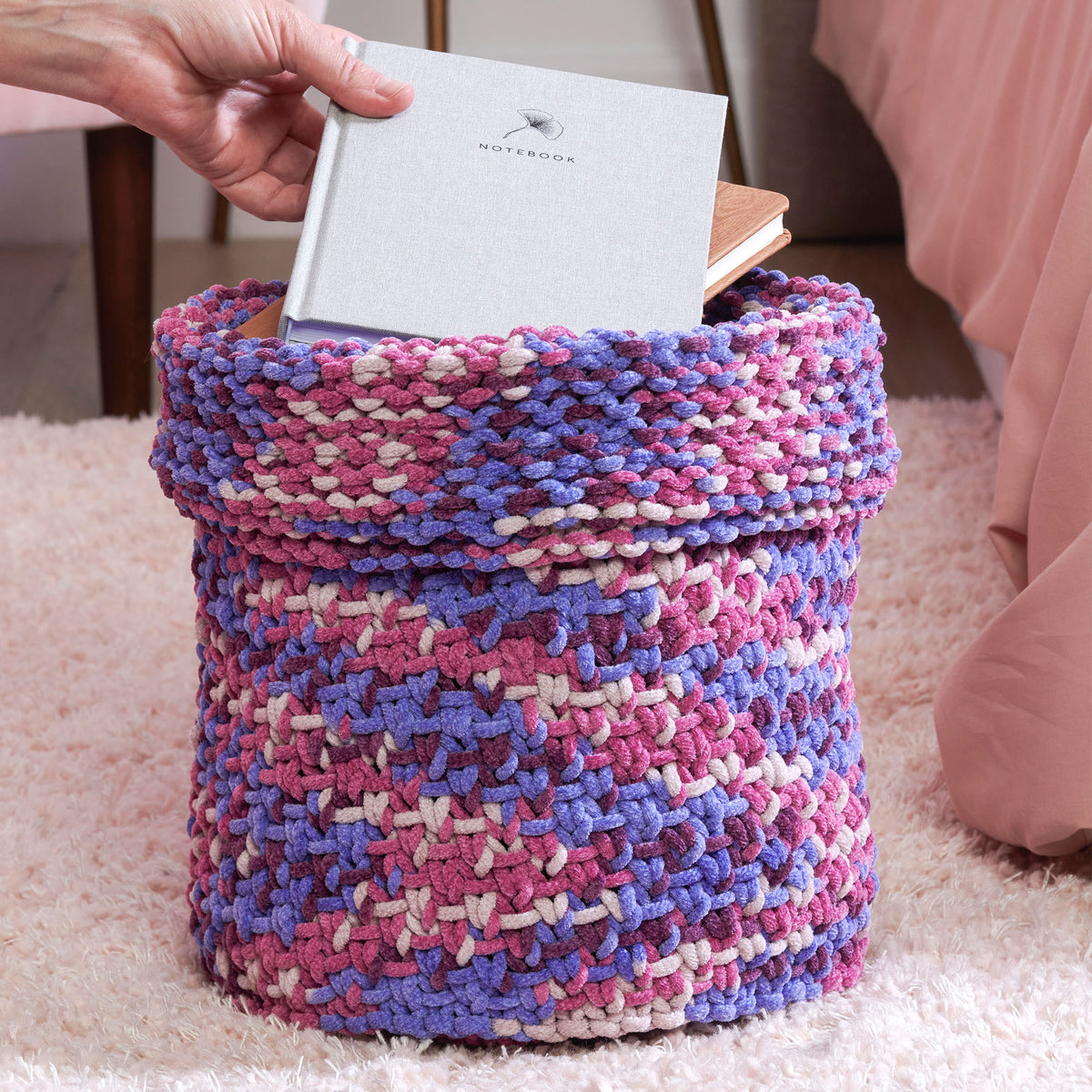 Knit Basket made in Bernat Plush Yarn