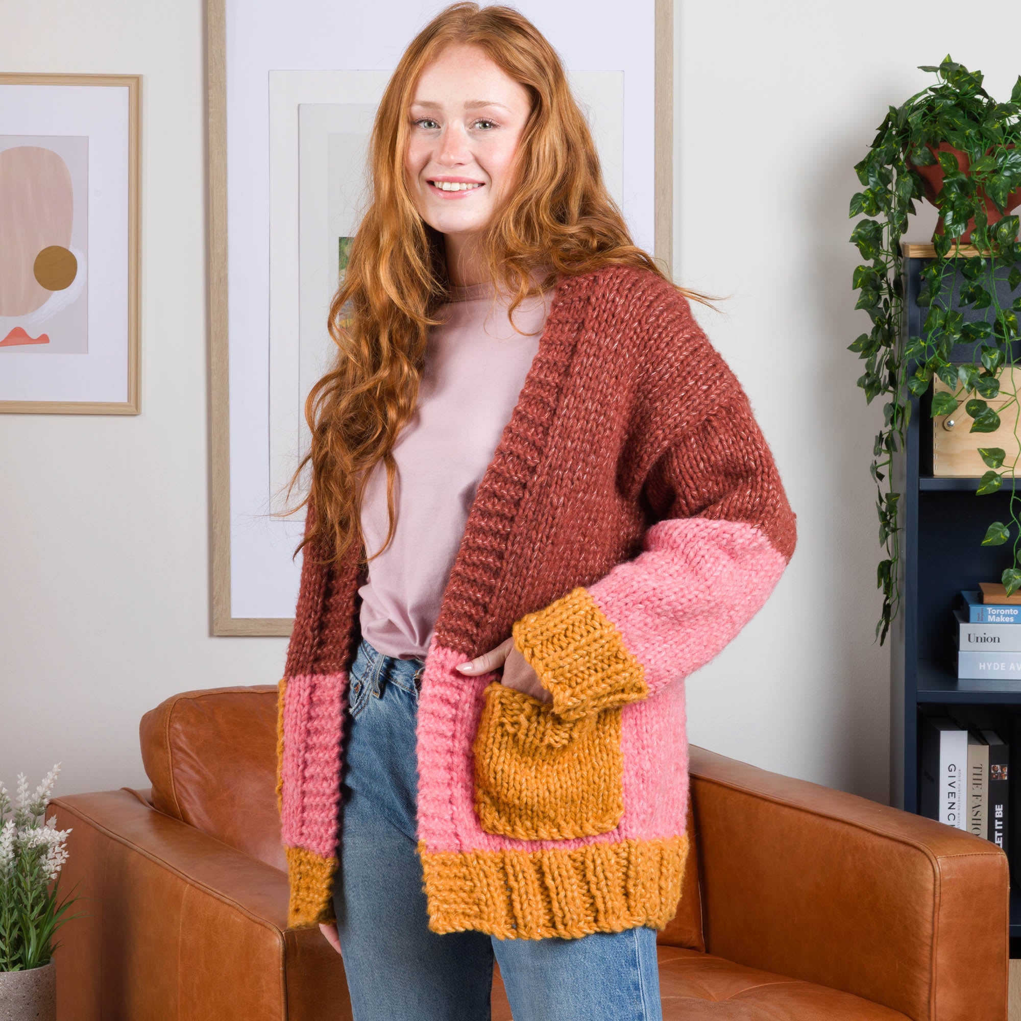 Free Easy Bernat Colorblocked Knit Cardigan​ Pattern | Yarnspirations