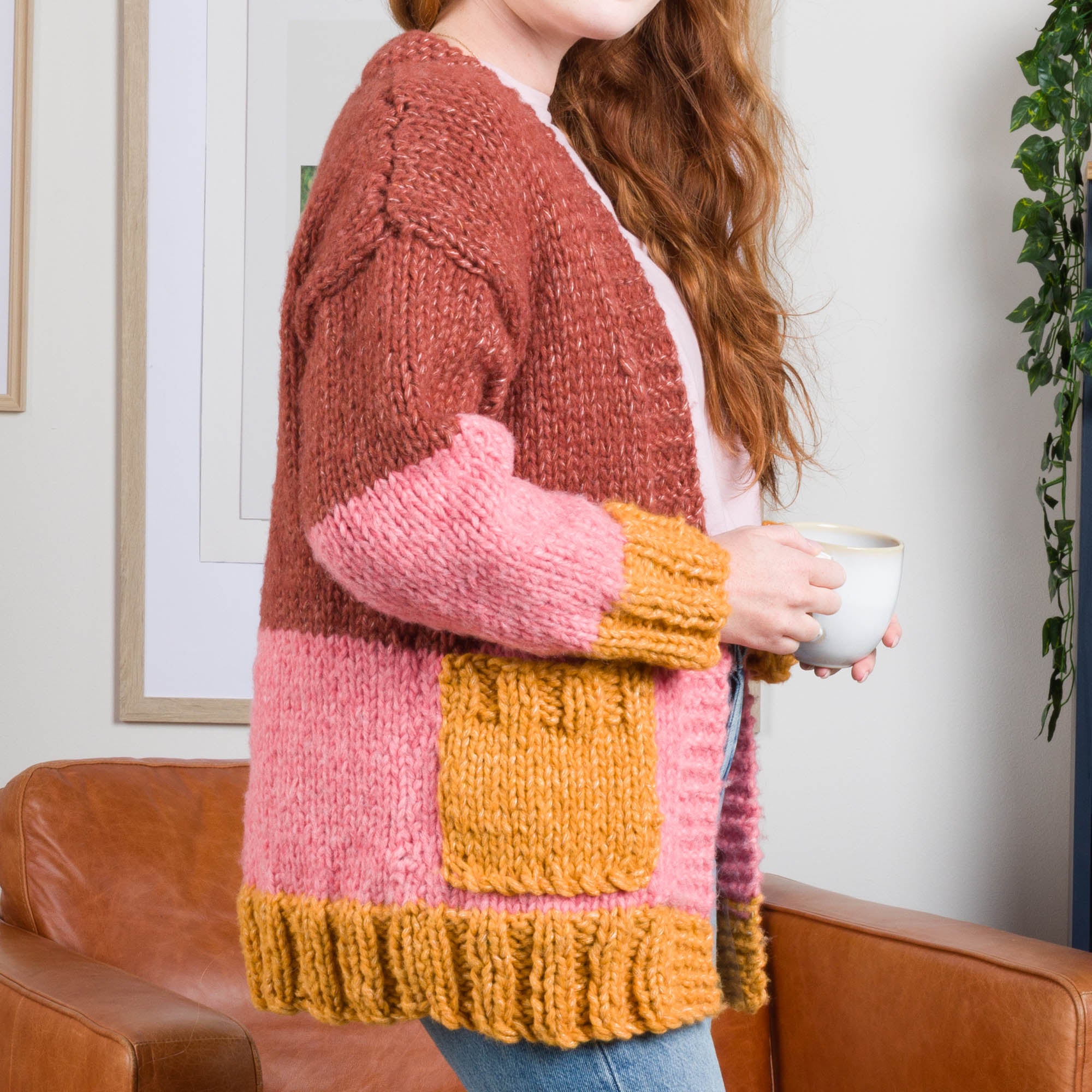 Free Easy Bernat Colorblocked Knit Cardigan​ Pattern | Yarnspirations