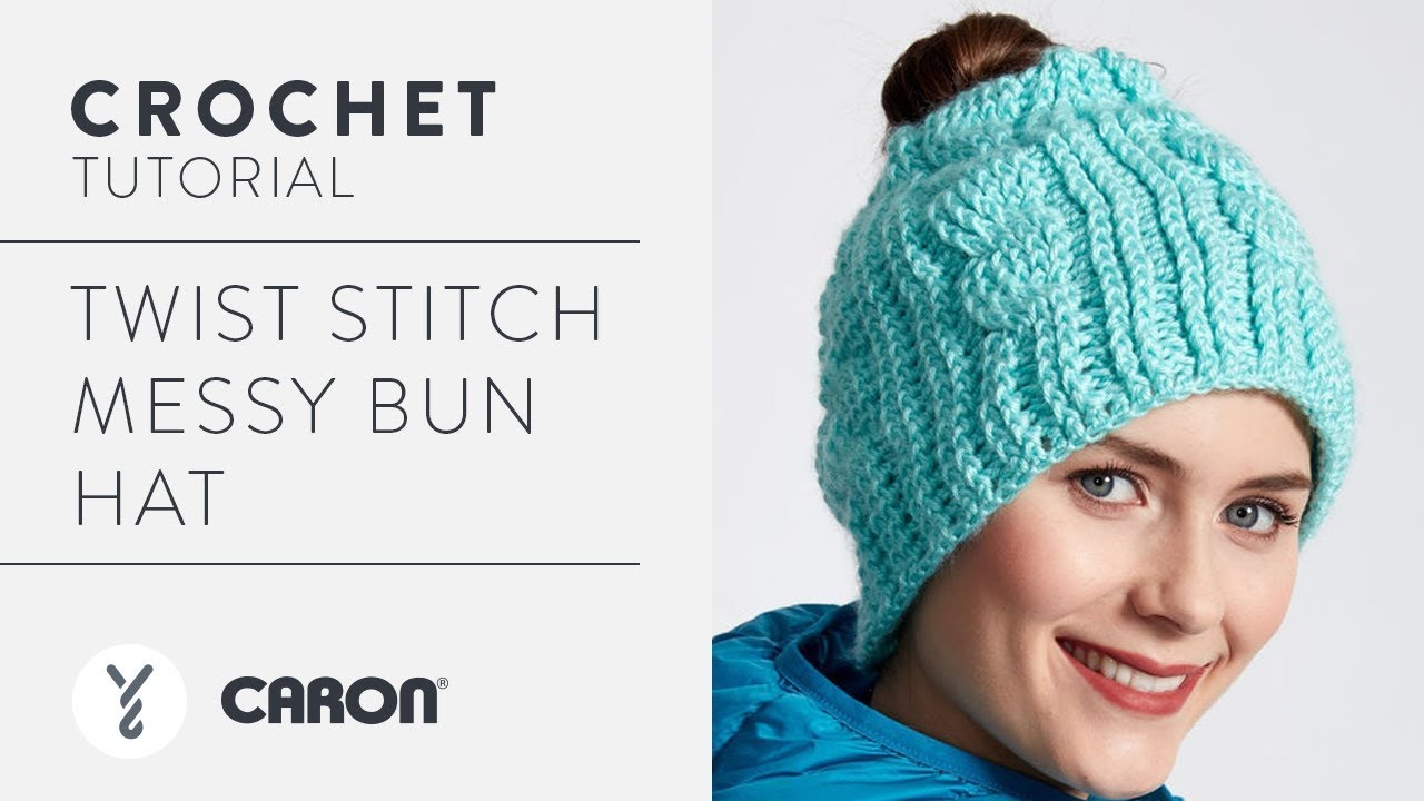 Caron Twist Stitch Messy Bun Crochet Hat
