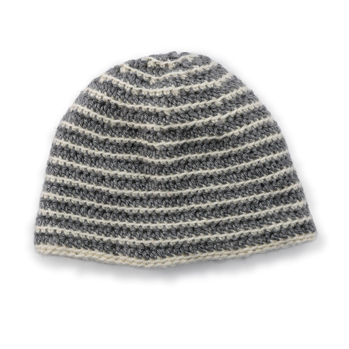 Striped crochet beanie in gray and beige on a white background