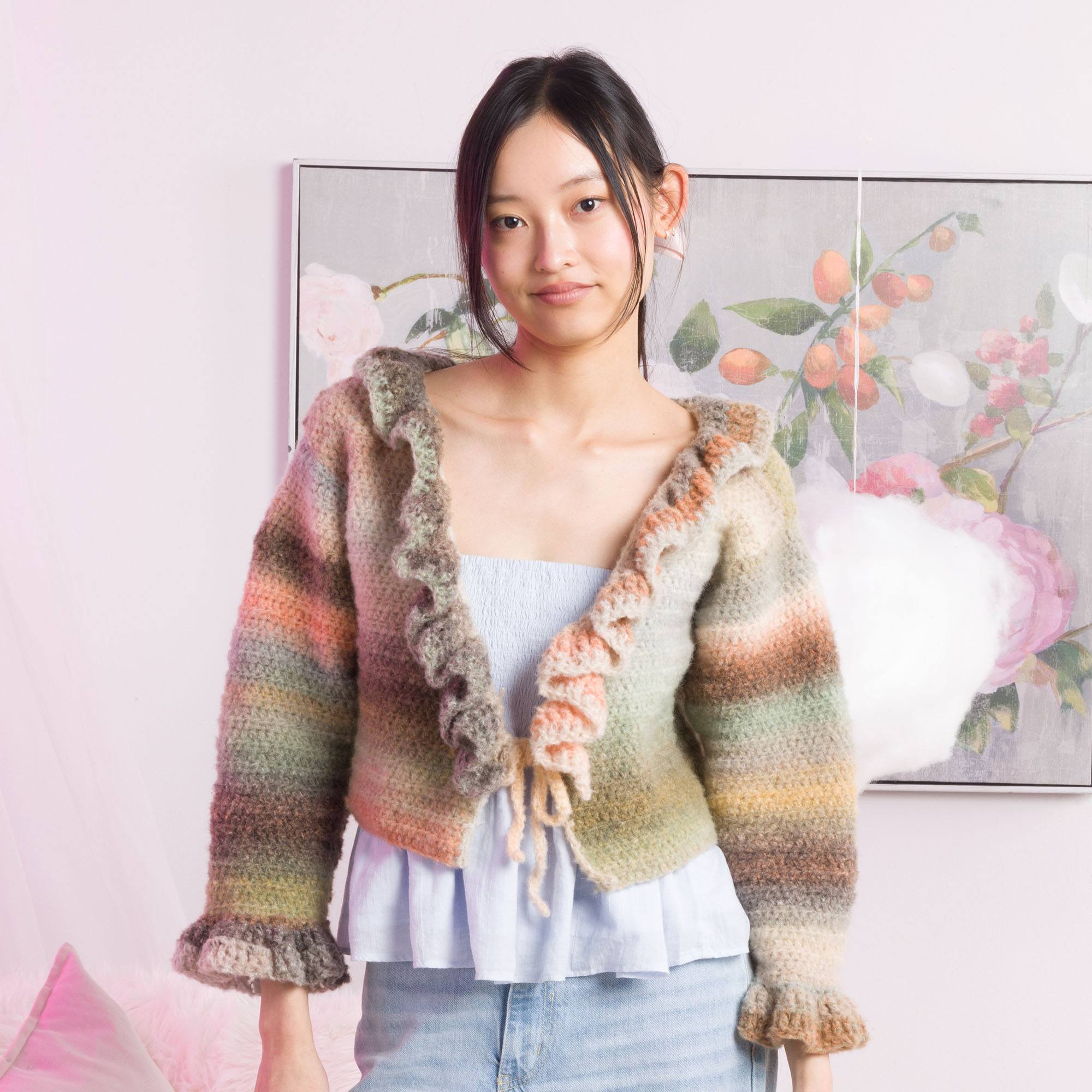 Free Easy Caron Crochet Haze Ruffle Collar Cardigan Pattern