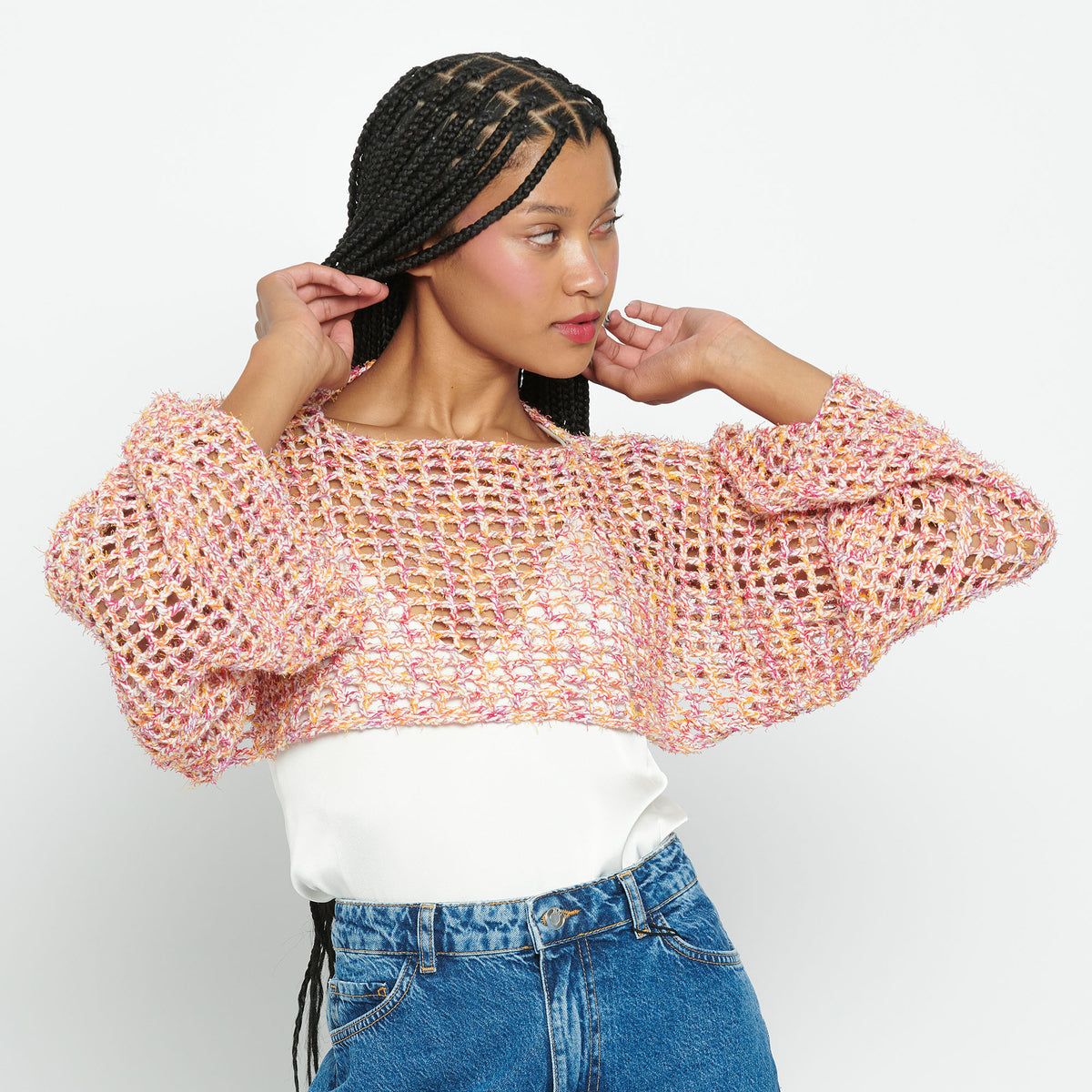 Crochet Mesh Sleeves made in Caron Coconut Cakes Yarn