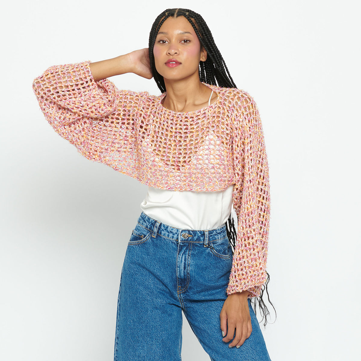 Crochet Mesh Sleeves made in Caron Coconut Cakes Yarn