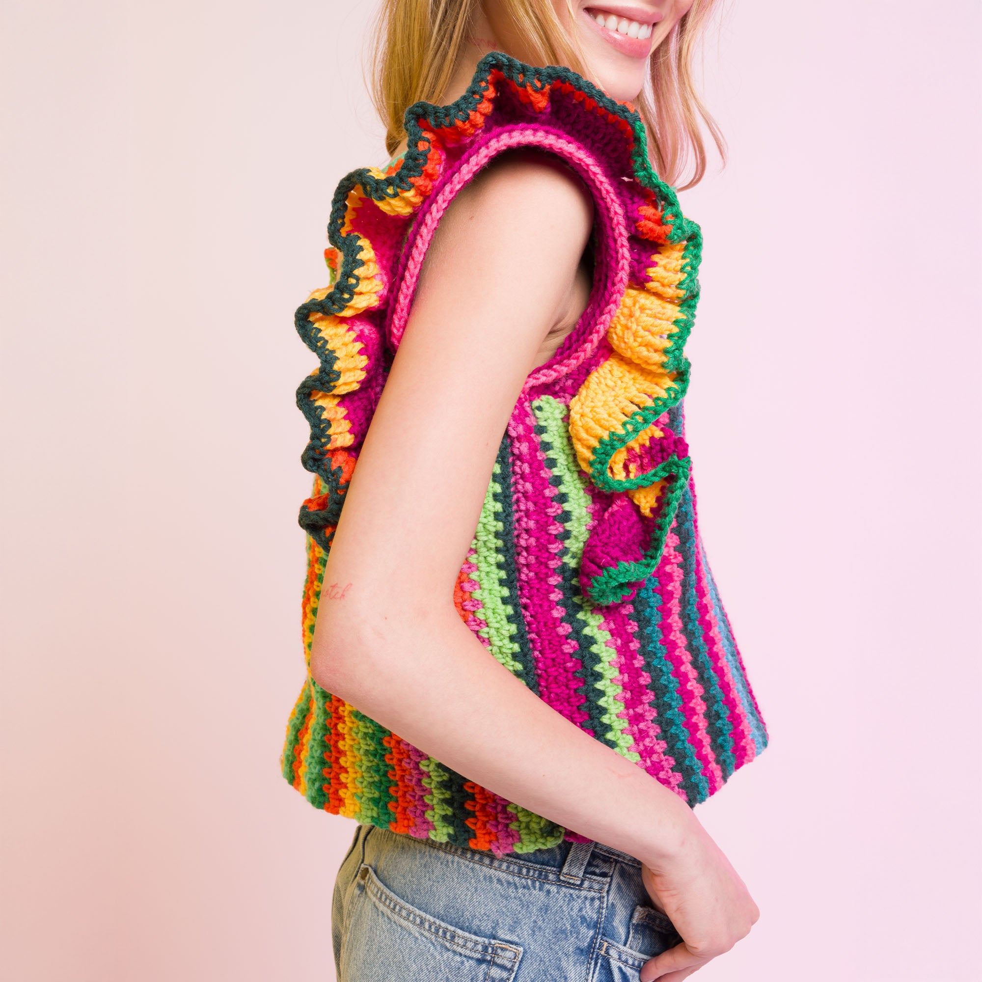 Crochet Ruffle Jacket Free Easy Caron Ruffle Sleeve Striping Crochet Top Pattern | Yarnspirations