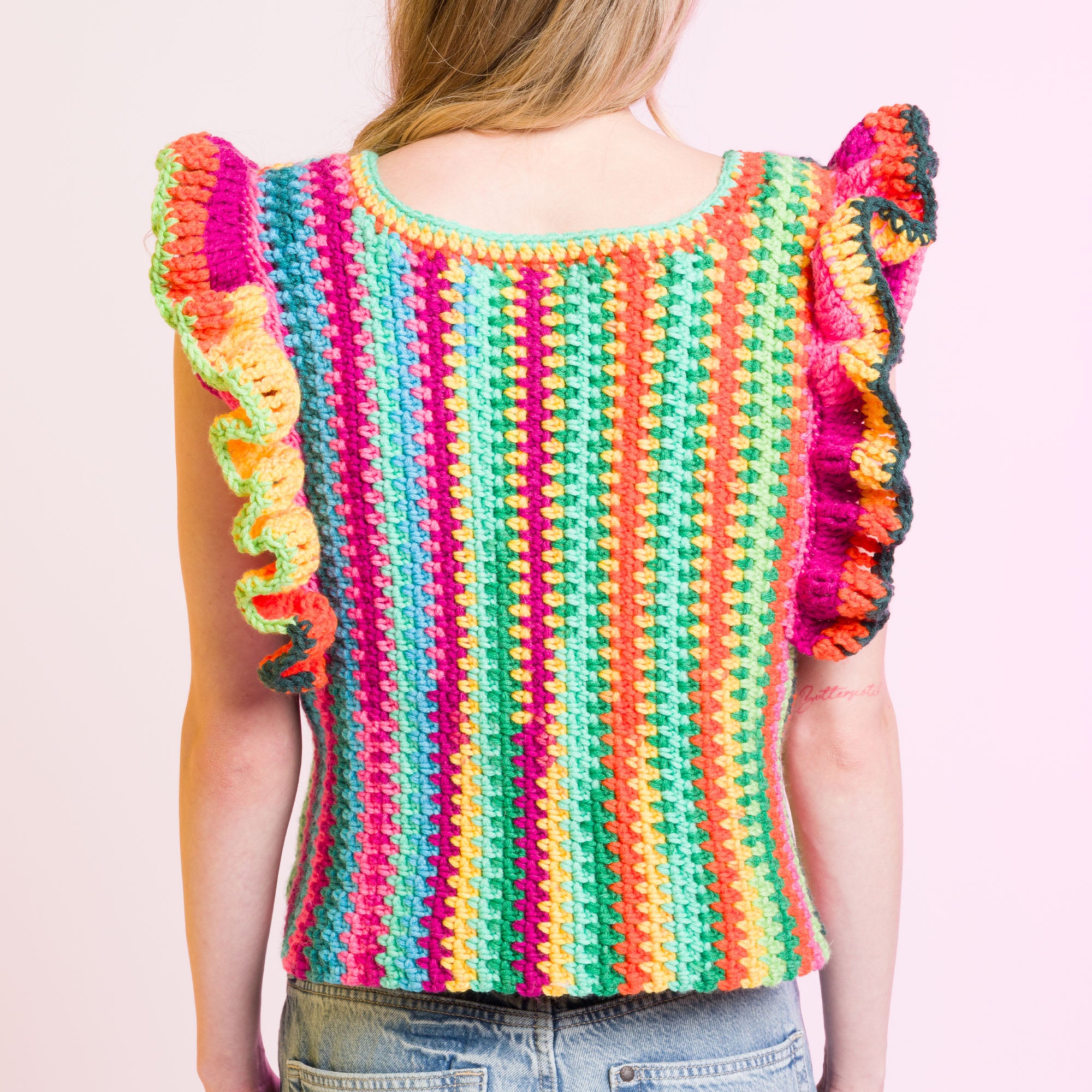 Free Easy Caron Ruffle Sleeve Striping Crochet Top Pattern