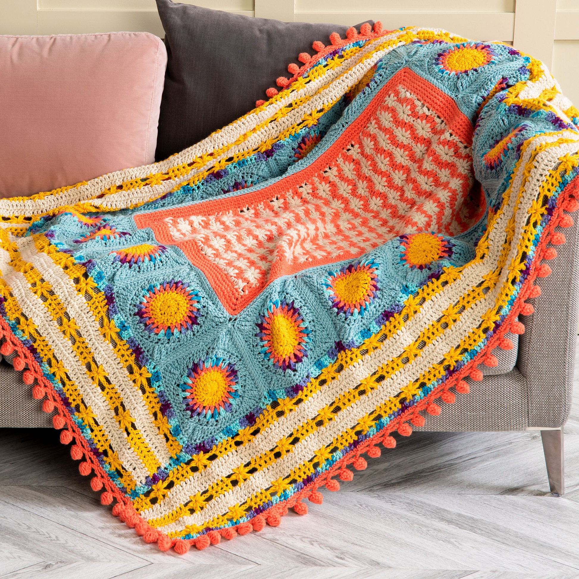 Free Caron Puffy Flower Fun Day Crochet Blanket Pattern