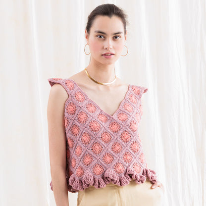 Caron Diagonal Motifs Crochet Tank Diagonal Motifs Crochet Tank made using Caron yarn in a styled lifestyle setting