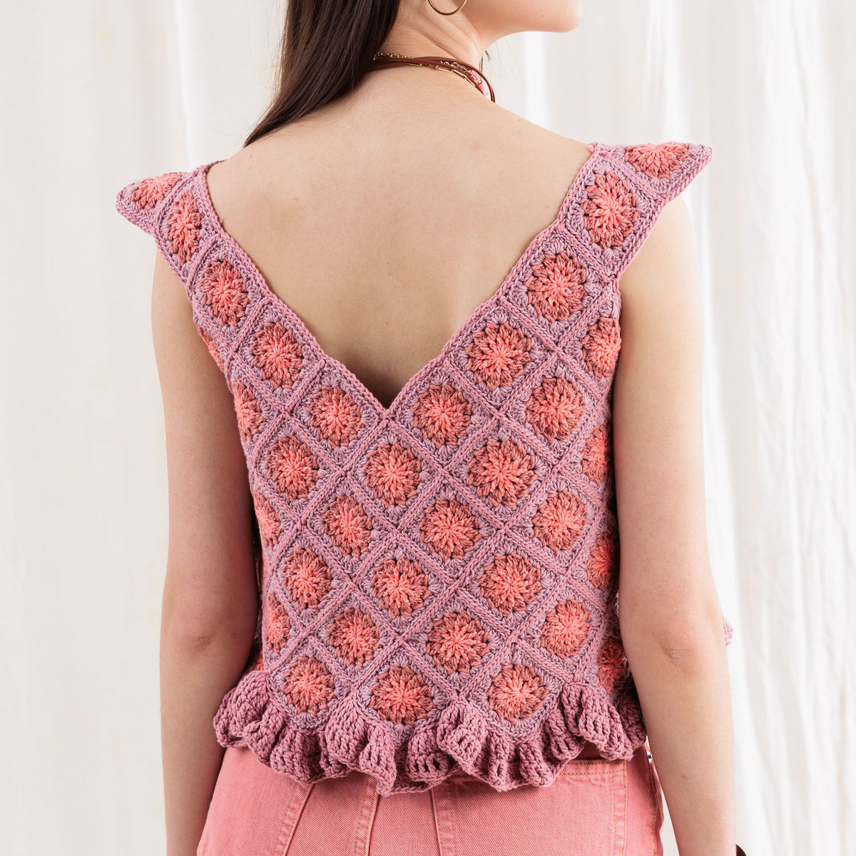 Diagonal Motifs Crochet Tank made using Caron yarn in a styled lifestyle setting