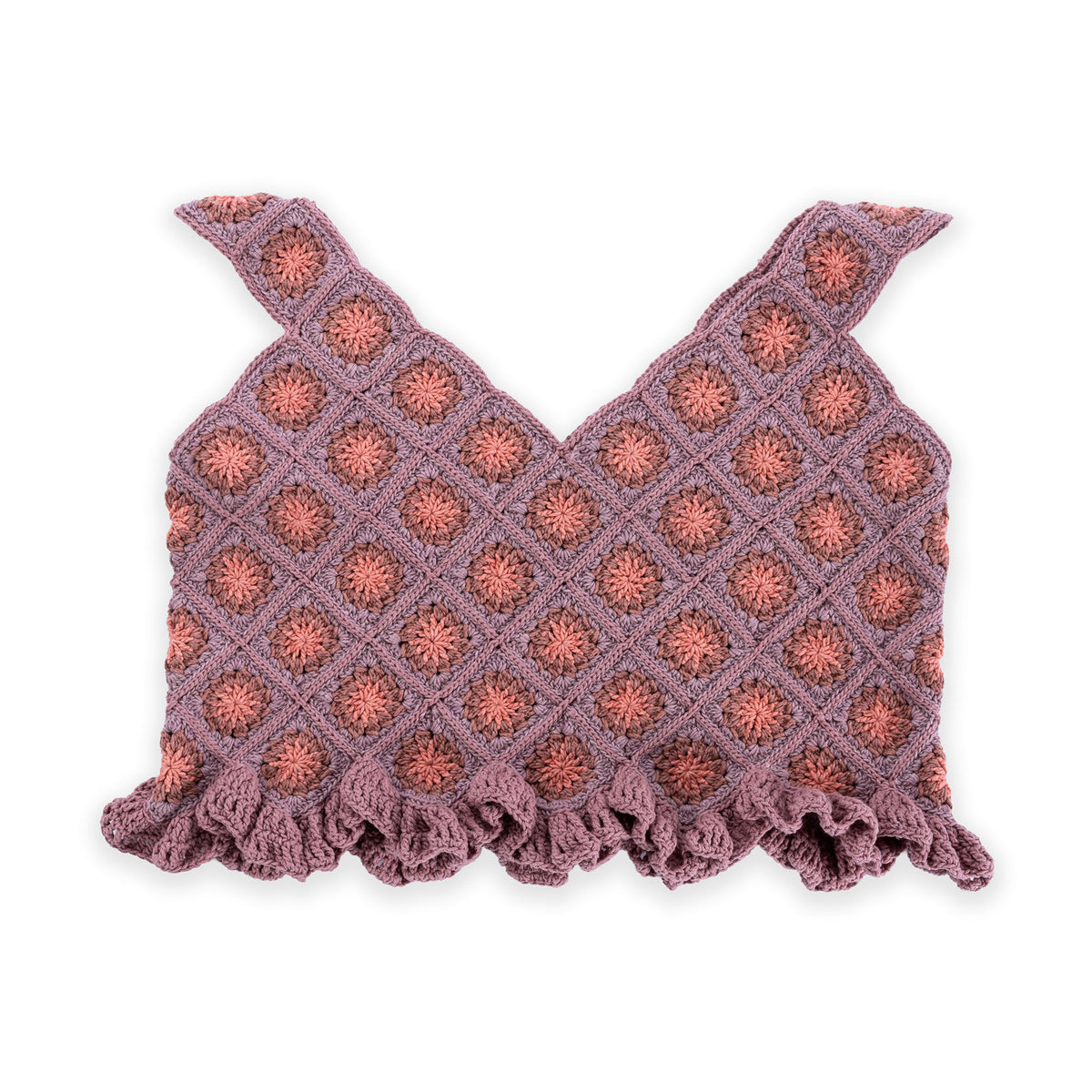 Diagonal Motifs Crochet Tank made using Caron yarn on a white background
