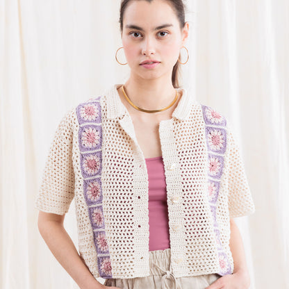 Caron Crochet Cabana Shirt with detail Crochet Cabana Shirt With Detail made using Caron yarn in a styled lifestyle setting