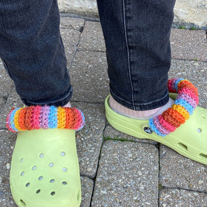 Caron Crochet Croc Band Cover Colorful crochet scrunchies pattern for Croc slides