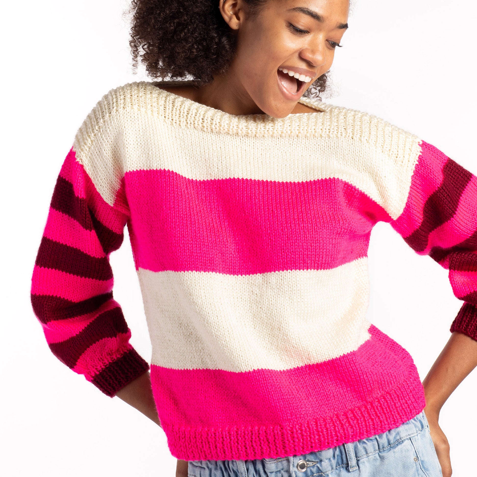 Free Caron Striped Harmony Beginner Knit Sweater Pattern