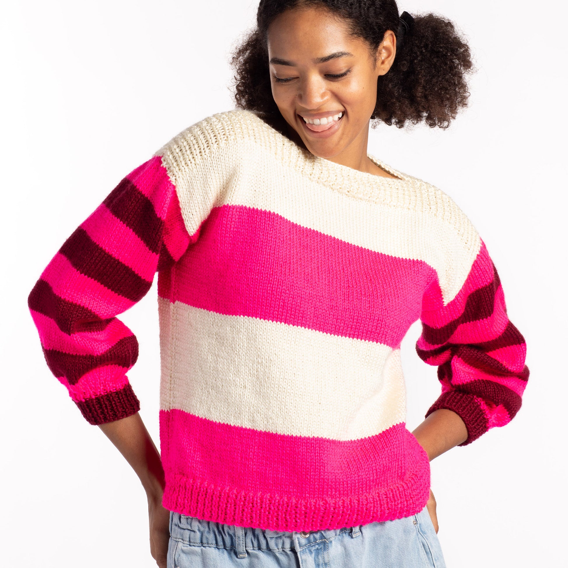 Free Caron Striped Harmony Beginner Knit Sweater Pattern