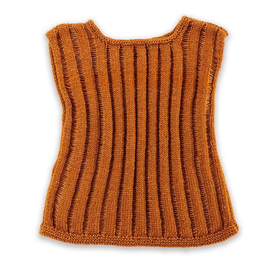 Knitted orange sleeveless top on a white background, Golden