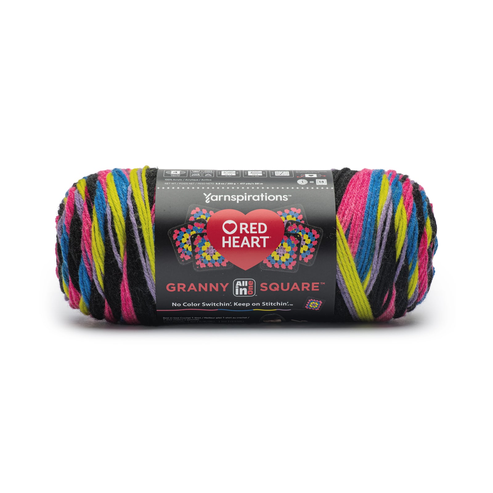 Red Heart All In One Granny Square Yarn (250g/8.8oz) Black - Neon Lights