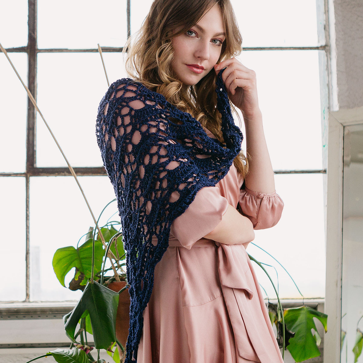 Crochet Shawl made in Patons Grace Yarn, Navy.