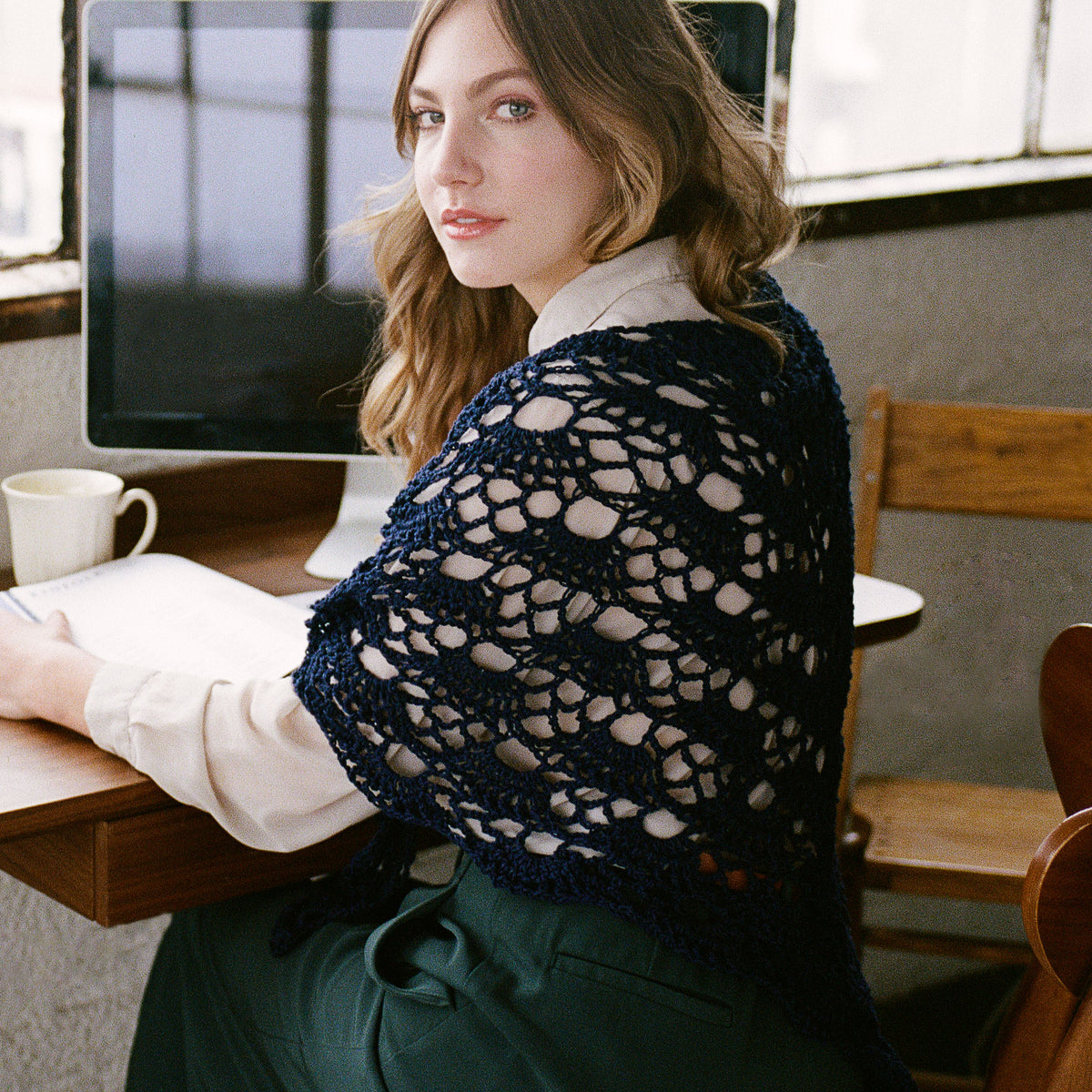 Crochet Shawl made in Patons Grace Yarn, Navy.