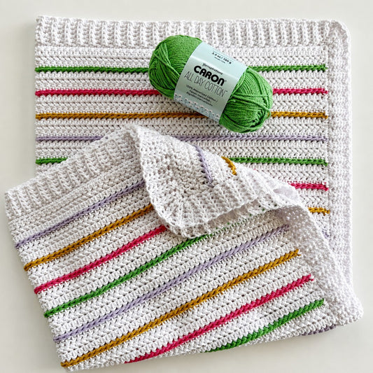 Bloom Stipes Blanket made using Cotton yarn on a white background